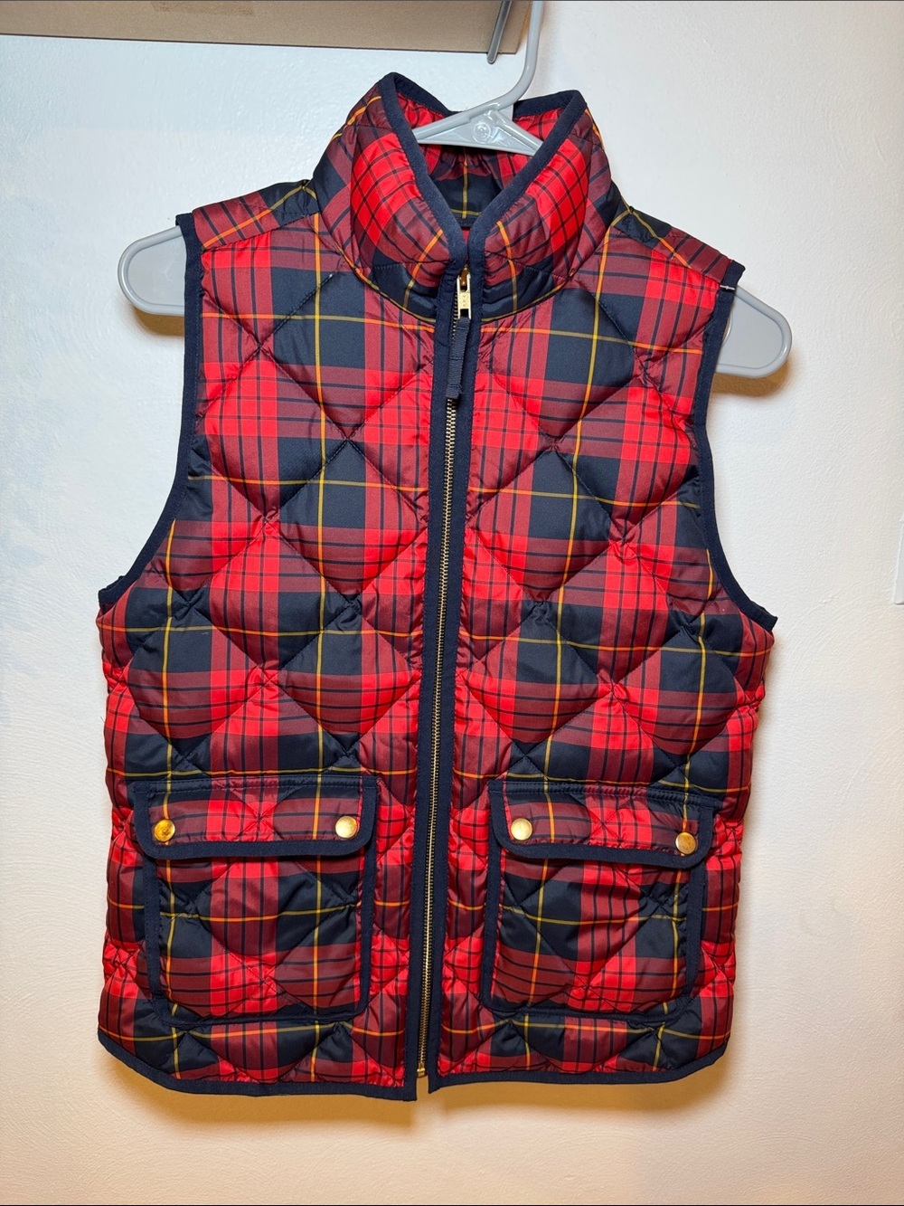 J. Crew Red and Navy Plaided down filled puffer vest size xs